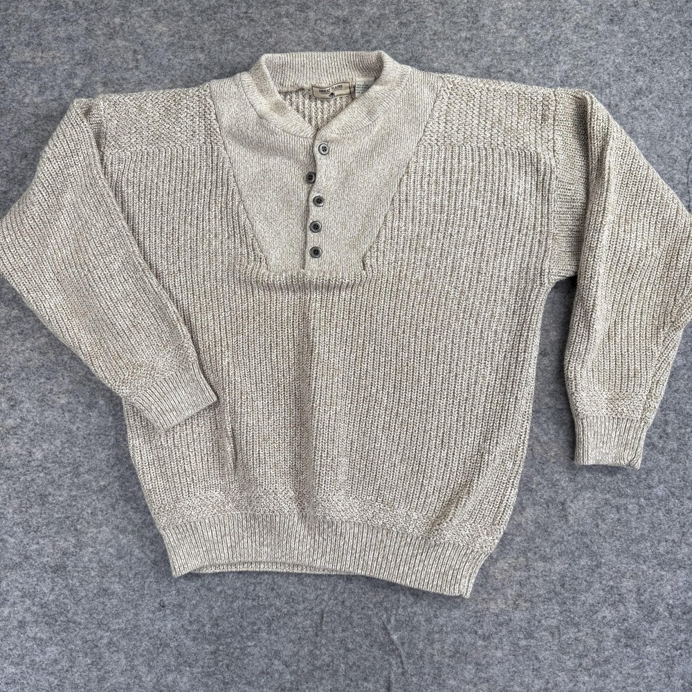 Vtg Great Plains Fisherman Sweater Mens Large Beige Button Pullover Knit 90s‎